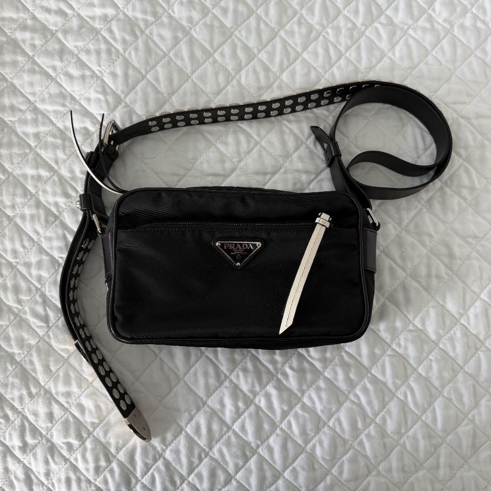 Prada Nylon Studded Crossbody Bag with White Leather Accents